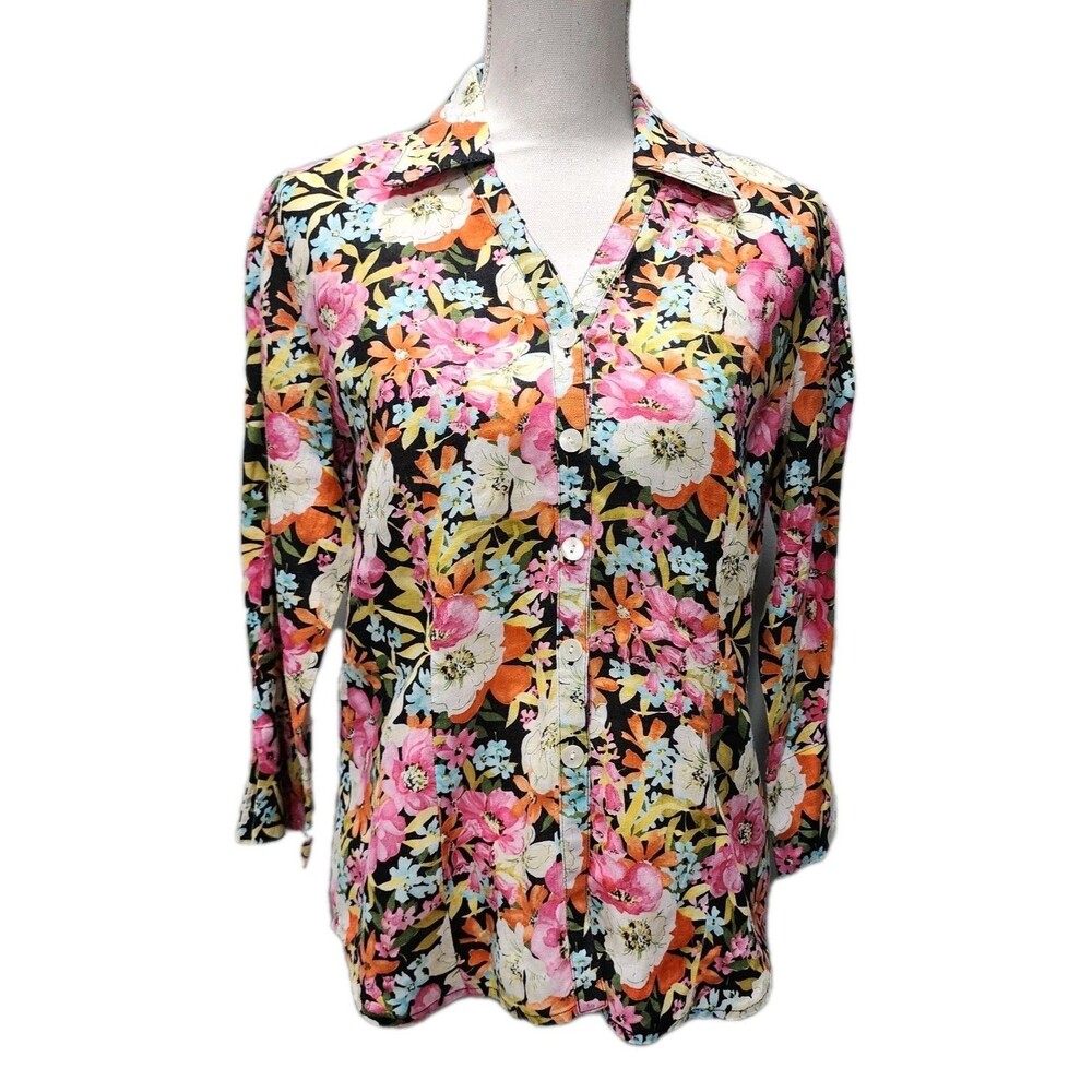 Talbots Multicolored Floral Print 100% Linen Blouse 6